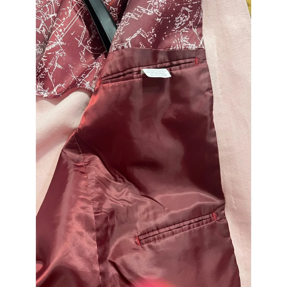 Nautica Linen Blend Blazer Sport Coat Men 44R Pink‎ Map Print Lining Hamptons